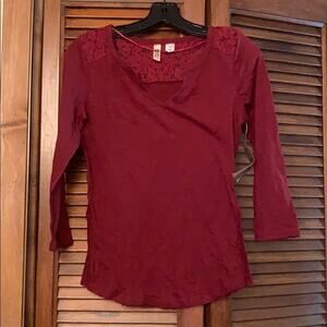 Route 66 Womens XS Burgundy Lace 3/4 Sleeve Blouse Top NWT